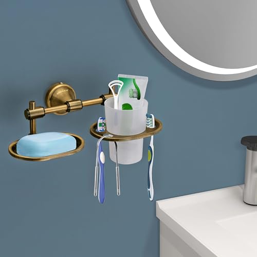 Image of Plantex (Primax) Niko Stainless Steel 304 Grade 2in1 Soap Dish with Tumbler Holder /Soap Stand /Tooth Brush Holder /Bathroom Accessories (Brass Antique)