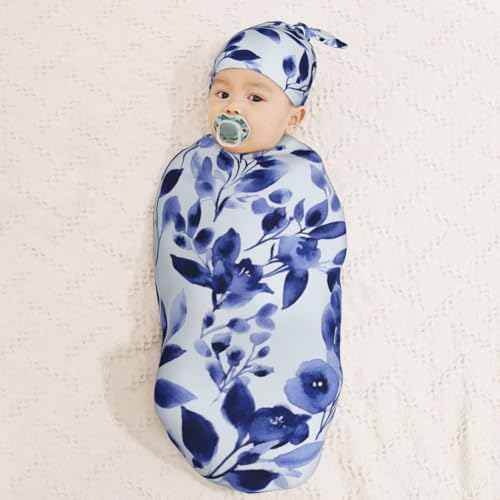 Image of Watercolor Navy Blue Leaf Swaddle Blanket with Beanie Hat Set Newborn Swaddle Wrap Soft Baby Receiving Blankets Baby Swaddle Blanket for Baby Boys and Girls