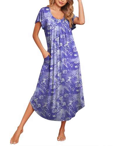 Ekouaer Long Nightgowns for Women with Pockets Short Sleeves Moo Moos for Women Casual House Dresses Purple Flower 2XL