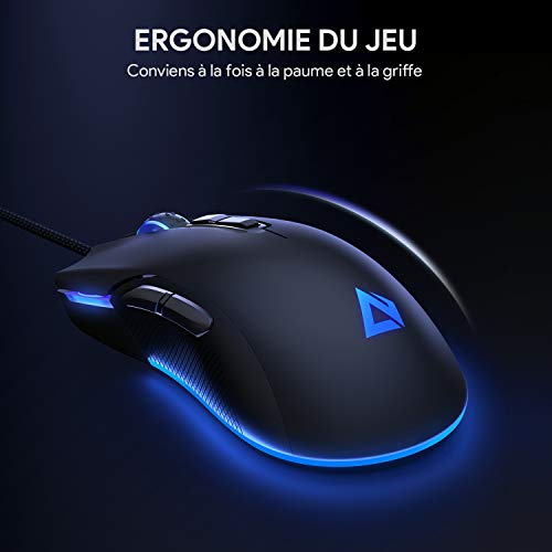 AUKEY Mouse da gaming, 5000 DPI reali con 16,8 milioni di colori RGB, 6 pulsanti programmabili, design ergonomico, mouse FPS di alta precisione per PC e computer portatili, nero