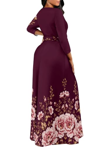 Image of Women Plus Size Long Sleeve V Neck Maxi Dress with Belt | Soft fabric relaxed fit three quarter sleeve v neck with pockets for party and daily wear