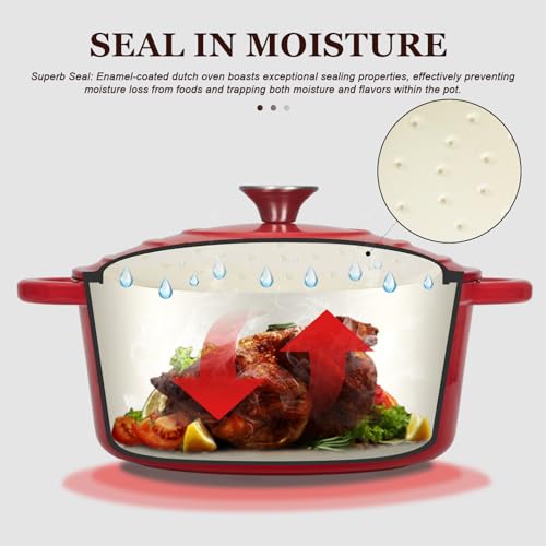 Overmont 24cm/4.2L Enamelled Cast Iron Round Casserole Pot With Lid Cookbook & Cotton Potholders - Non-stick Dutch Oven Cookware for Braising, Stews, Roasting, Bread Baking - Cherry red, 4.5QT