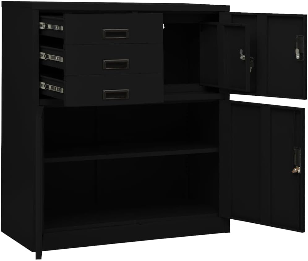 Metal Locker,Black Metal Office Storage Cabinet 90x40x102 cm, Adjustable Shelves, 3 Ball Bearing Drawers, Durable Steel Construction, Ideal for File Organization & Workspace Efficiency