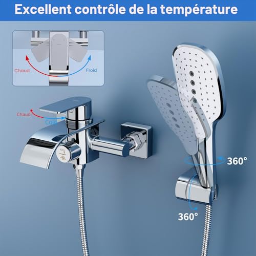 Robinet de baignoire avec douchette à main mitigeur cascade en laiton