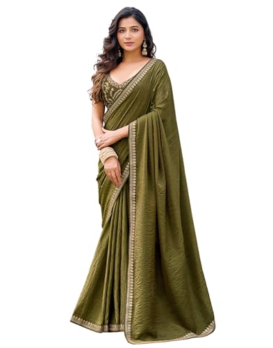 Image of SIRIL Women's Shimmer Silk Sequence Embroidery Lace two Tone Saree With Embroidery Unstitched Blouse Piece