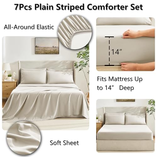 CozyLux King Size Comforter Set Oatmeal, 7 Pieces Bed in a Bag, Oatmeal Comforter King Size, All Season Bedding Sets with Stitch Quilted Comforter, Flat Sheet, Fitted Sheet, Pillowcases