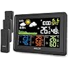 BALDR Wetterstation Funk mit 3 Außensensor Innen Außen Digital Thermometer Hygrometer Feuchtigkeit mit Wettervorhersage, DCF Farbbildschirm Wetterstation, Wecker, Uhrzeitanzeige (Schwarz)