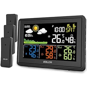 BALDR Wetterstation Funk mit 3 Außensensor Innen Außen Digital Thermometer Hygrometer Feuchtigkeit mit Wettervorhersage, DCF Farbbildschirm Wetterstation, Wecker, Uhrzeitanzeige (Schwarz)
