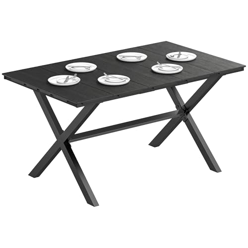 Outsunny Mesa de Comedor de Jardín Rectangular, Mesa de Terraza Exterior 150x90x74 cm, con Encimera de HDPE de Listones y Estructura Metálica, para 6 Personas, Carga 50 kg, para Patio, Balcón, Negro
