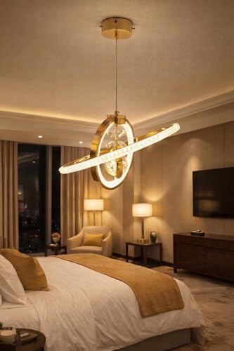Image of Modern Luxury Crystal Stylish LED Ring Gold Finish with 3 Different Color Mode (Warm White, Cool White, Neutral White) Chandelier with Height Adjustable Hanging for Bedroom, Living, Dining,