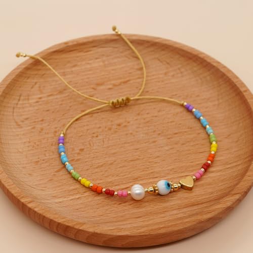 Evil Eye Beaded Bracelet for Women - Handmade Boho Stackable Colorful Gold Seed Beads Stack Pearl Heart Charms Adjustable Protection Bracelet Evil Eye Jewelry Summer Beach Friendship Gift4