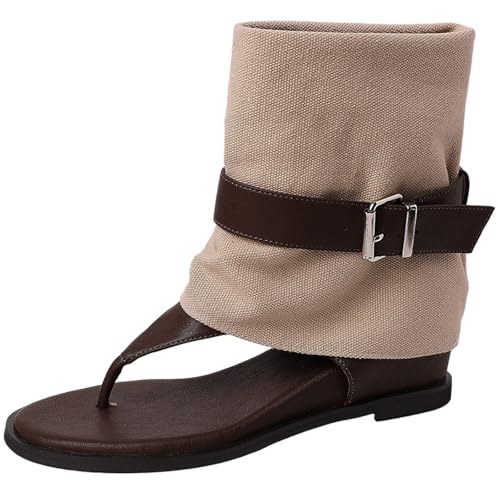 Women'S Clip Toe Wedge High Top Roman Sandals Fashion Comfortable Round Toe Soft Wide Sole Thong Adjustable Buckle Hidden Wedge Gladiator Sandals For Summer Beach Walking Flip Flops Ankle Bootie
