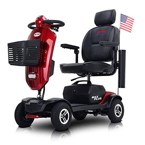 Metro Mobility 4 Wheel Foldable Mobility Scooter for Adults - 300 lbs Capacity Powered Mobility Scooters for Seniors, Travel - USB Charging Port & 2 Cup Holders - Red