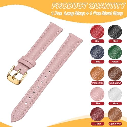 HARFINGTON Leather Watch Band 14mm Vintage Textured Padded Leather Watch Strap Litchi Grain Pattern Replacement Wristband with Stainless Steel Pin Buckle for Men and Women, Pink - 2