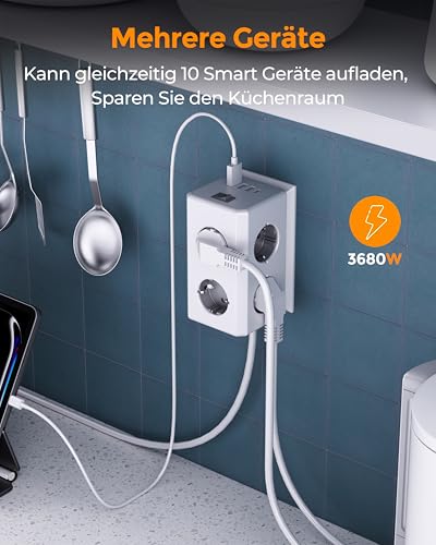 Mehrfachsteckdose mit USB, 6 Fach Steckdosenleiste, Steckerleiste mit Schalter, 3680W Verteilersteckdose Wandmontage,Überspannungsschutz Mehrfachstecker Steckdosenturm für Büro,1.8M Kabel,Grau 3
