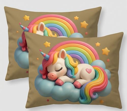 Image of Home Sizzler Adorable 7D Kids Soft Microfiber Double Bedsheet with 2 Pillow Covers - Soft, Breathable, Cute Sleeping Rainbow Unicorn 3D Print