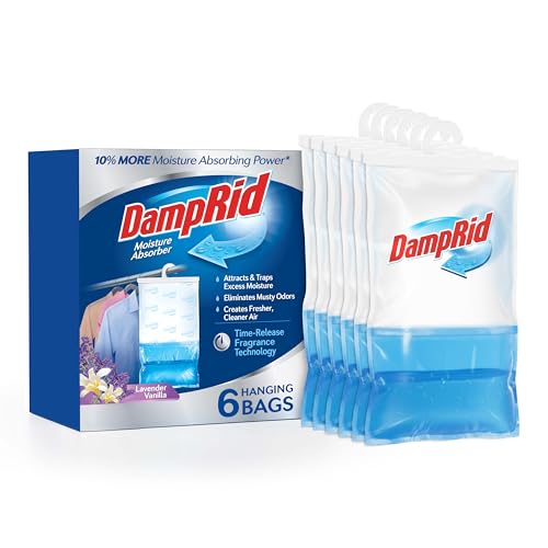 DampRid Lavender Vanilla Hanging Moisture Absorber, 15.4 oz., 6 Pack - Eliminates Musty Odors for Fresher, Cleaner Air, Ideal Moisture Absorbers for Closet, 10% More Moisture Absorbing Power*