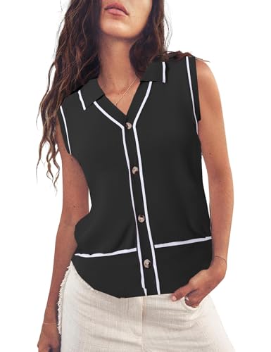 Image of Sweater Vest Womens Trendy Summer 2025 Lapel V Neck Button Down Vest Top Color Block Sleeveless Ribbed Knit Tank Tops