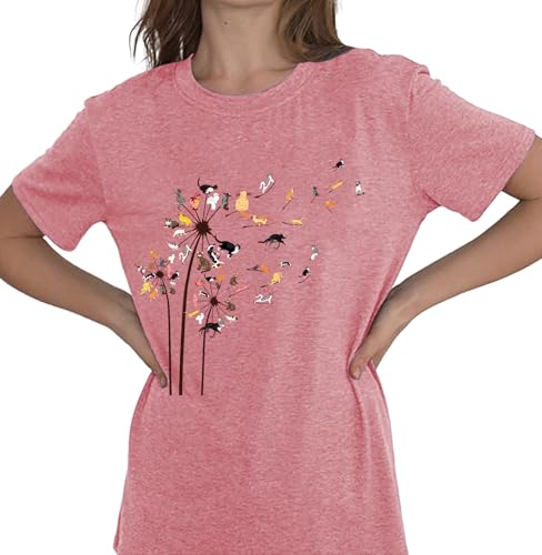 Image of Cat Shirts for Women Flower Tee Shirts Dandelion T Shirt Vintage Floral Tee Tops Women Graphic Tees