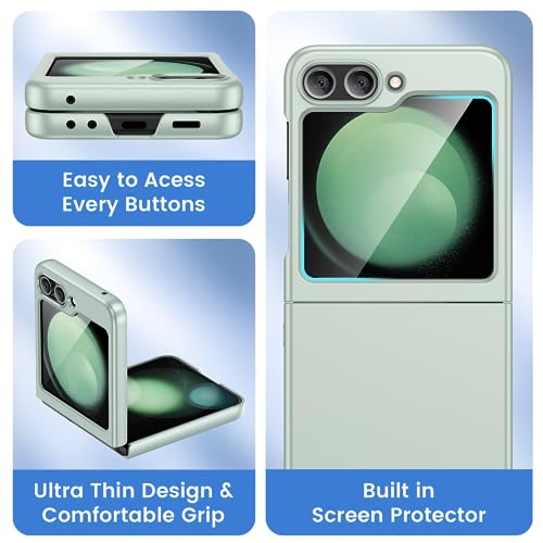 Image of Ruky for Z Flip 5 Case, with Built-in Screen Protector, Mint Green | Support Wireless Charging Hard PC Ultra-Thin Full Body Protective Phone Case for Samsung Galaxy Z Flip 5, Mint Green