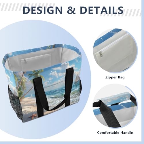 YETTASBIN Palm Tree Beach Large Foldable Travel Tote Bag, Lightweight Waterproof Swim Pool Bag with Handles & Pocket for Beach Outdoor, Reusable Grocery Bag for Kitchen, Shopping4