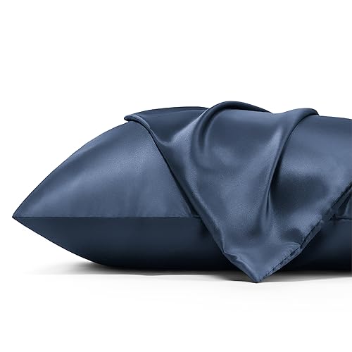 Image of Bedsure Satin Pillowcase with Zipper, Similar to Silk Pillow Cases 2 Pack, Silky & Soft Satin Pillow Cases Standard Size for Hair and Skin, Gifts for Women Men, Blue, 20x26 Inches