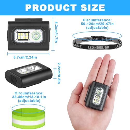 Adiwo Luz para Correr, 2 Piezas Linterna Frontal Portátil, LED con Clip Luz Viene con Correa para Faro y Correa Reflectante para el Brazo, 6 Modos de Iluminación Impermeable Linterna, USB Recargable - imagen 2