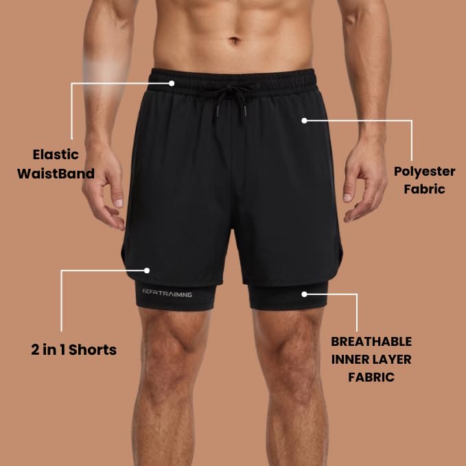 Image of GRECIILOOKS Shorts for Men Running | 2 in 1 Shorts Men with Compression Shorts |Gym Shorts for Man Workout with Phone Pocket | Quick Dry Sports Shorts for Gym Training