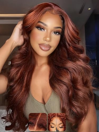 Image of KLAIYI Bye Bye Knots Glueless Wig Reddish Brown Body Wave 7x5 Pre Cut HD Lace Front Wigs Human Hair Put On And Go Wig Pre Bleached Pre Plucked with Baby Hair 30S Ready To Wear 150% Density Full 22Inch