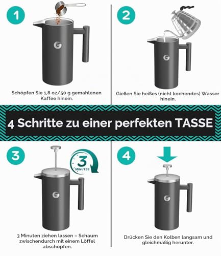 Coffee Gator French Press Kaffeemaschine 1 Liter plus Travel Jar Kanister, Doppelwandig Isoliert Edelstahl Kaffeebereiter… – Ansicht 6