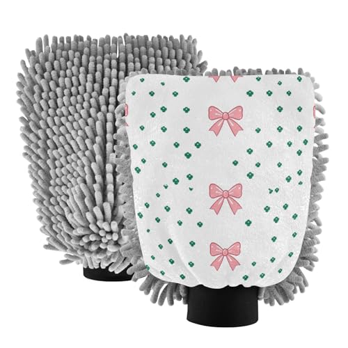 STAYTOP Cute Bow Tie Car Wash Mitt Microfiber, 2Pcs Scratch Free Lint-Free, Premium Chenille Microfiber Mitt Car Wash Brush-M