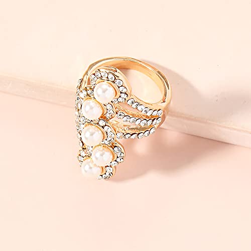 Boho Layered Cz Pearl Statement Ring For Women Girls Gold Plated Cubic Zirconia Imitation Pearls Finger Rings Comfort Fit Dainty Birthday Wedding Anniversary Mother's Day Jewelry Gift Size 8 #TOP3