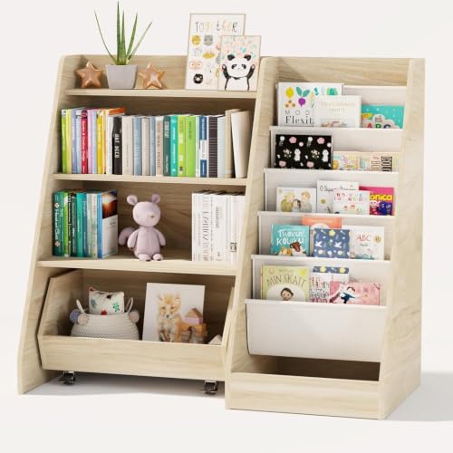 COZPAW Kids Bookshelf and Toy Storage 4 Tier Toddler Bookshelf with Movable Drawer (Oak)