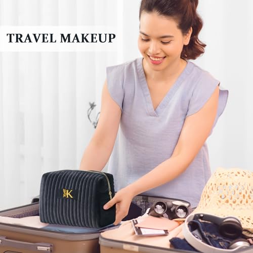 Image of COSHAYSOO Travel Makeup Bag Quilted Make Up Pouch Initial Cosmetic Case with Butterfly Decorations for Women Birthday Easter Mothers Christmas Valentines Graduation Appreciation Gifts Black Letter N