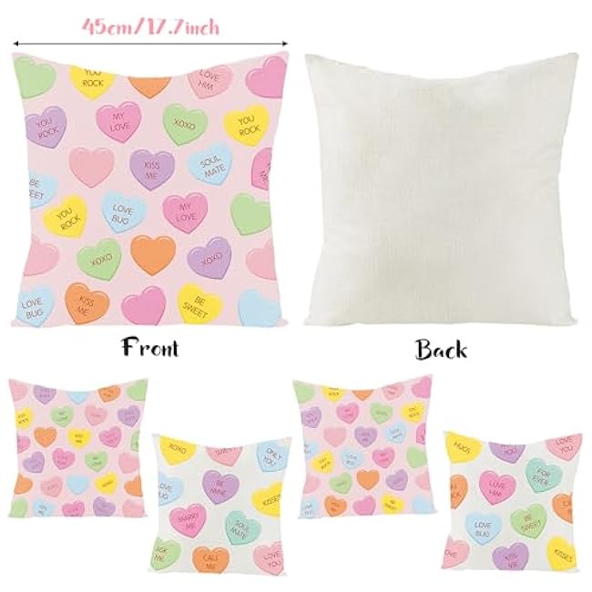 WATINC 4Pcs Valentine¡¯s Day Candy Conversation Cute Heart Throw Pillow Covers, Burlap Hearts Love Cushion Case Decoration for Sofa Couch, 2 Designs Square Valentine Theme Party Home Decor (18 x 18 In)