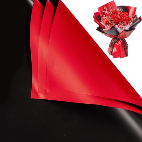 Gloreyan 20 Sheets Flower Wrapping Paper Florist Bouquet DIY Craft Fresh Flower Bouquet Wrap Waterproof Floral Wrapping Gift Box Packaging Material Florist Supplies 22.8 * 22.8 Inches(Red+Black)