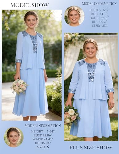 Image of GRACE KARIN Formal Wedding Guest Dress Sequin Mother of The Bride Dresses | Two Piece,3 /4 Sleeve,Tea Length,Crew Neck,Fit and Flare,Chiffon,Suitable for Spring /Summer /Fall /Winter /Cocktail /Party /Prom