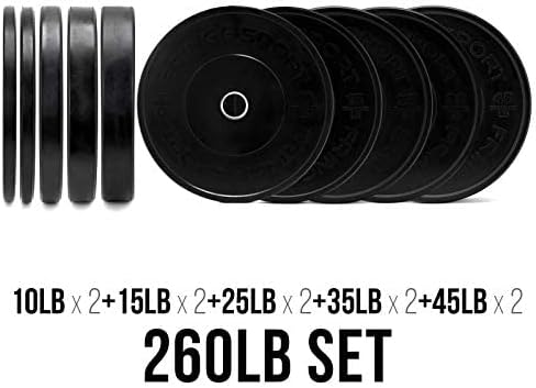 OneFitWonder 260 Lbs Bumper Plates Set/Virgin Rubber, Low Bounce, Odorless Premium Olympic Weight Plates for Crossfit Training/Weight Lifting/Home Includes Pair of 10 lbs,15 lbs,25 lbs,35 lbs,45 lbs