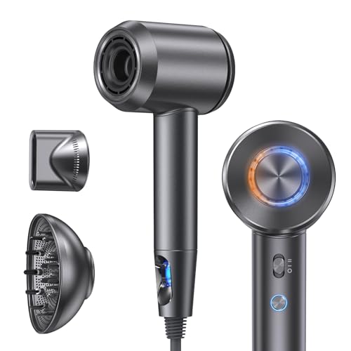 llano Secador de Pelo Iónico Secador Rápido con Difusor 1800W, 19m/s Velocidad del Viento, 100 Millones de Iones Negativos, 5 Ajustes de Calor y 2 Velocidades (Gris)