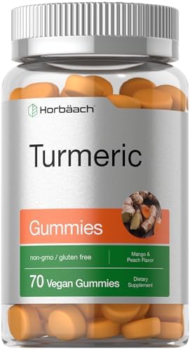 Horbäach Turmeric Gummies | 70 Count | Mango & Peach Flavor | Turmeric Curcumin with Ginger | Vegan Non-GMO & Gluten Free Supplement