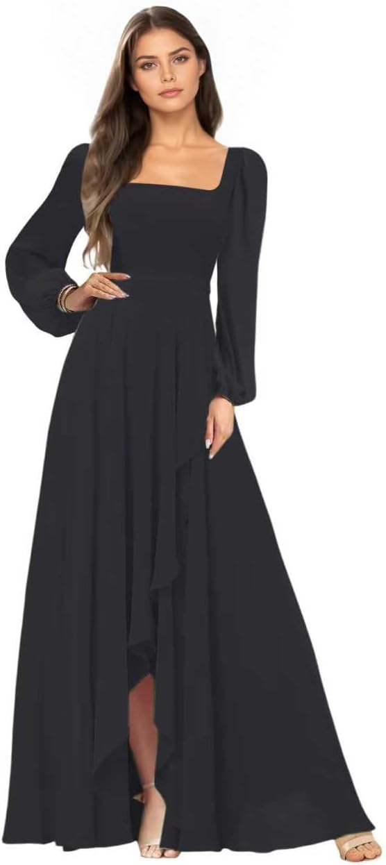 Chiffon Long Sleeve Bridesmaid Dresses for Women Square Neck Long Pleated Formal Evening Party Dress with Slit