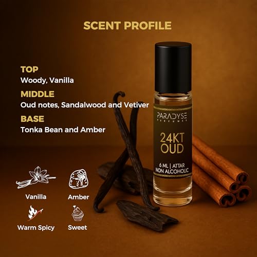 Image of 24 KT Oud Attar | Non-Alcoholic Perfume Oil Roll on | Amber Oud Warm Fragrance Perfume Oil | Premium and Long Lasting Fragrance | 6 ml