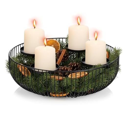Yunkctuk Modern Metallene Kranz Kerzenhalter mit 4 Kerzentabletts, 30cm Durchmesser Runde Kerzenschale, Mittelstück für den Esstisch, Wohnzimmerdekoration, Weihnachtsdekoration, Adventkranz, Schwarz