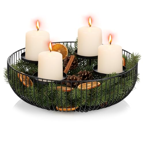 Yunkctuk Modern Metallene Kranz Kerzenhalter mit 4 Kerzentabletts 30cm Durchmesser Runde Kerzenschale Mittelstück für den Esstisch Wohnzimmerdekoration Weihnachtsdekoration Adventkranz Schwarz