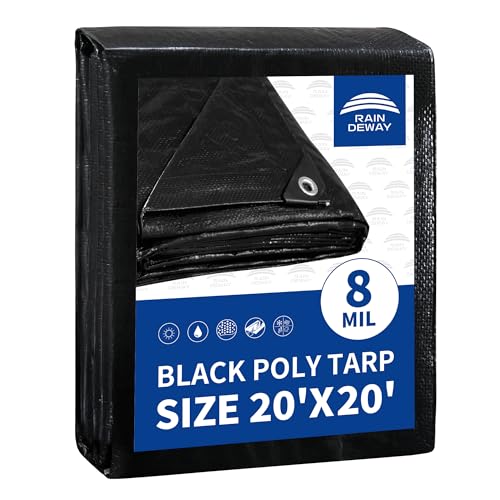 RAINDEWAY Large Black Tarp 20x20 Feet, UV Resistant, 8 Mil