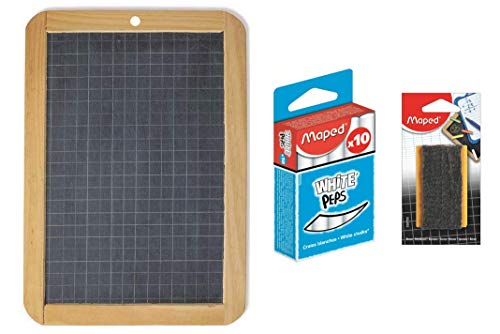 MAPED - Kit Ardoise Noire en Pierre Cadre en Bois (L)260 x (H)182 mm + Petite Brosse Eponge en Bois et Feutrine + 1 Boîte de 10 Craies Blanches, 981750