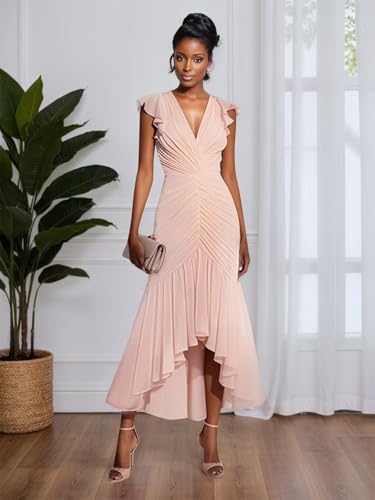 Women Chiffon Elegant Party Prom Dress Sexy Wedding Guest Dresses V-Neck Cocktail Dress with High-Low Hem4