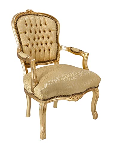 100% Stile Barocco Way Home Store - Poltrona Luis Stile Francese Luigi XVI colorazione Oro e Tessuto Color Oro con Foglie Ricamate - Poltrona in Legno Robusta e Resistente - Dimensioni : 63X65X94