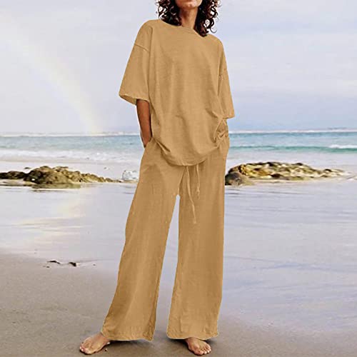 Two Piece Linen Cotton Sets for Women Summer Crewneck 3/4 Sleeve Tops High Waist Wide Leg Pants with Pockets 20252
