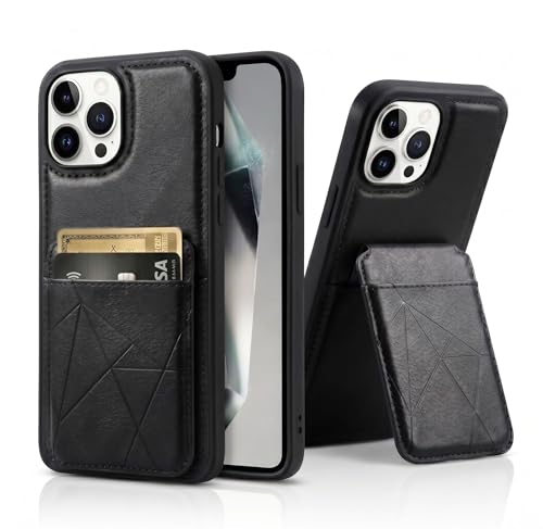 Image of amazon basics Premium Vegan Leather Back Cover with Card Holder and Integrated Mobile Stand for iPhone 16 Pro Max - Slim Shockproof Wallet Case with Geometric Stitching [Black]